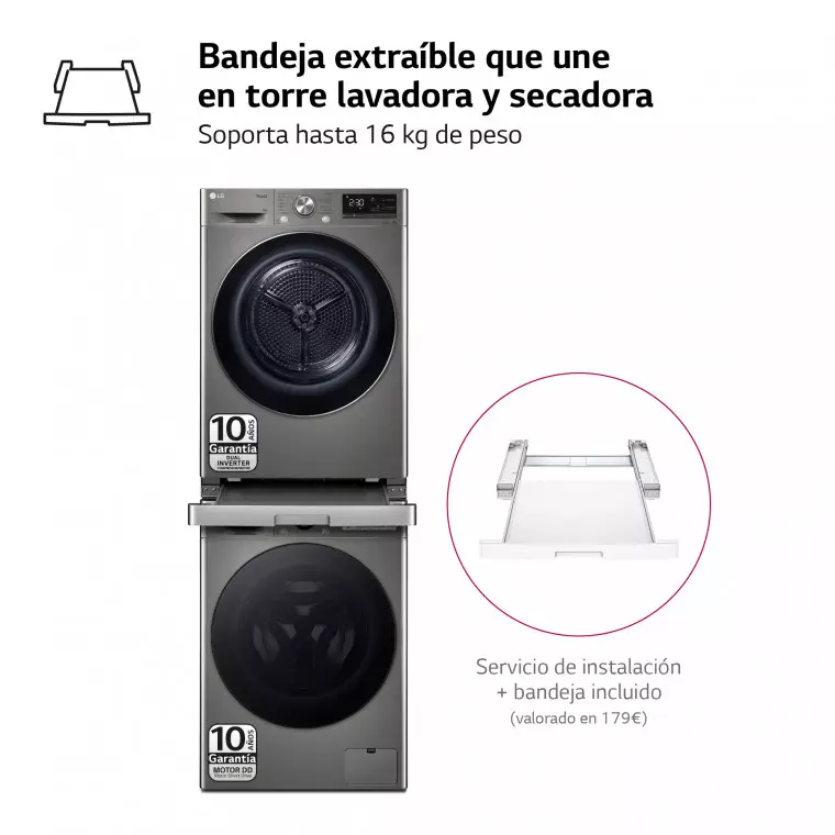 LG Torre de Lavado, Inox, Lavadora inteligente 9kg, 1400rpm, Un 10% mas eficiente que A + Secadora 9kg, A+++, TORREINOX99.SET